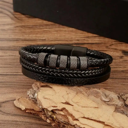 EP Stainless Steel Men's Leather Bracelet