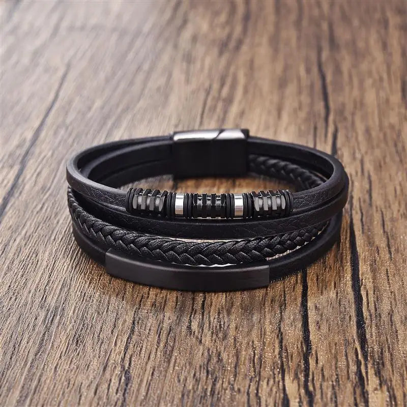 EP Stainless Steel Men's Leather Bracelet